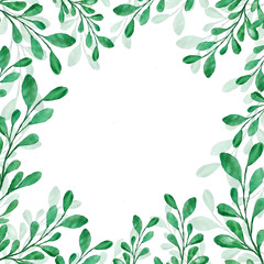 Fototapeta na wymiar Beautiful watercolor decoration made of green hand drawn leaves with copy space, frame for invitations, print