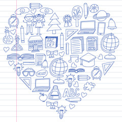 Vector set of secondary school icons in doodle style. Painted, drawn with a pen, on a sheet of checkered paper on a white background.