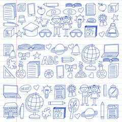 Vector set of secondary school icons in doodle style. Painted, drawn with a pen, on a sheet of checkered paper on a white background.