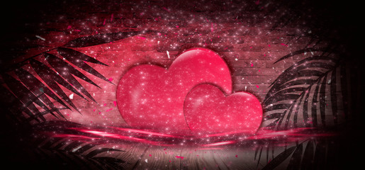 Valentines day sale background red with heart. Red romantic background for greeting cards or covers for the holiday of St. Valentine. Festive red background with hearts, sparkles, gradients, neon ligh
