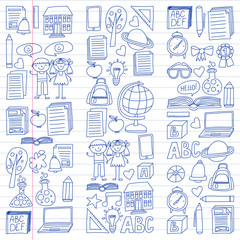 Vector set of secondary school icons in doodle style. Painted, drawn with a pen, on a sheet of checkered paper on a white background.