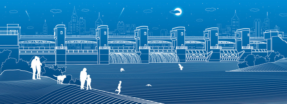 Hydro power plant. River Dam. Energy station. Water power.  People walk along shore. City infrastructure industrial illustration panorama. Urban life. White lines on blue background. Vector design art