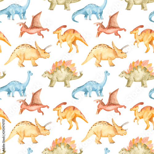 Watercolor Seamless Pattern With Dinosaurs Mountains Palm