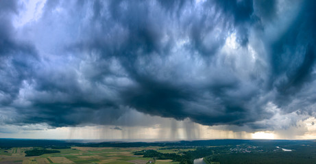 Aerial panorama of Storm clouds with micro burst