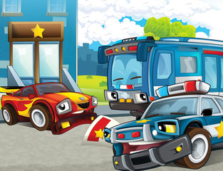 cartoon scene with police chase motorcycle car and bus driving through the city policeman near police station - illustration for children