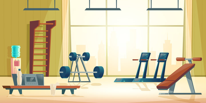 Modern sport club gym cartoon vector interior with treadmill, abdominal  bench, barbell and dumbbell on stand in spacious room illustration.  Contemporary fitness equipment. Active and healthy lifestyle Stock Vector |  Adobe Stock