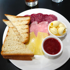 Morning Breakfast - hot toast, cheese, sausage and butter