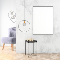Mock up interior background with velvet chair, scandinavian style, 3d render
