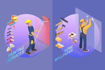 Home repair isometric template. Builder with tools.