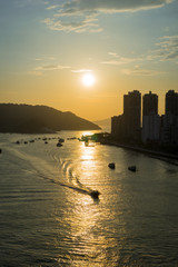 Sunset hour in Santos harbor, Brazil