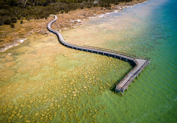 Wooden pier with thrombolites in Western Australia at Lake Clifton
