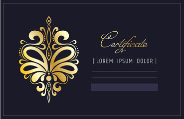 Gold abstract ornament. Isolated design element for gift card or invitation. Makeup certificate beauty school for beautician. Spa care diploma.