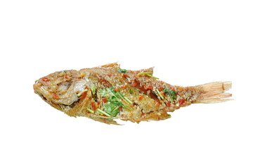 deep fried red snapper fish dressing sweet chili sauce on white background