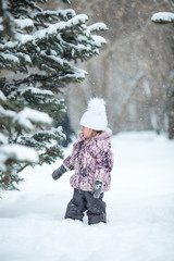 Fototapeta na wymiar little girl on walk in winter park,