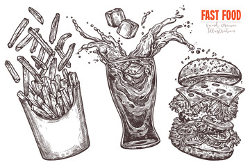 Sketch levitation fast food collection with classic burger, box with french fries and glass with splashed cola and ice cube with flying ingredients; vector hand drawn illustration for menu, advertisin