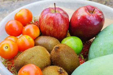 Mixed of tropical fruits close up, healthy concept.