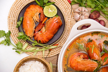 Tom Yum Kung Thai food on a white background.