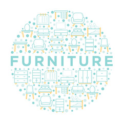 Furniture concept in circle with thin line icons: dressing table, sofa, armchair, wardrobe, chair, table, bookcase, clothes rack, desk, wall shelves. Elements of interior. Vector illustration.