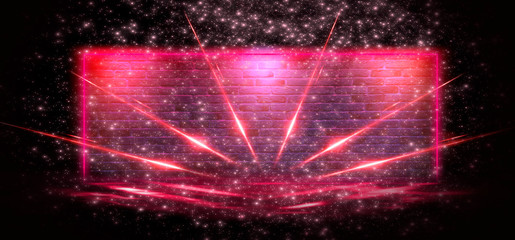 Red romantic background for greeting cards or covers for the holiday of St. Valentine. Festive red background with hearts, sparkles, gradients, neon lights, rays and magic.