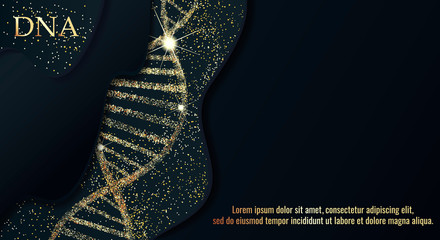 DNA sequence, DNA code structure with gold glow. Science concept background. Nano technology. Vector illustration, black background with space for text.