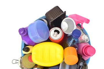 recycling of plastic containers and tin cans on white background
