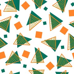 Obraz premium Abstract three color memphis style pattern, orange and green elements, white background. Seamless vector pattern with triangles and squares.