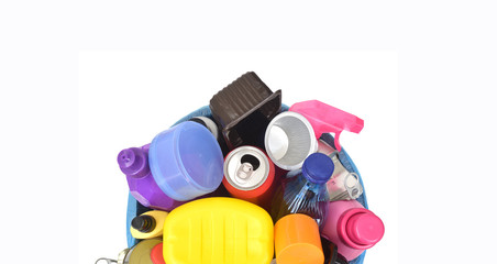 recycling of plastic containers and tin cans on white background