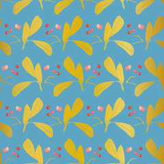Blue and gold pattern with leaf.