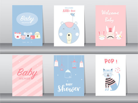 tem

Set of baby shower invitation cards,birthday, poster,template, greeting,cute, animal,Vector illustrations 
