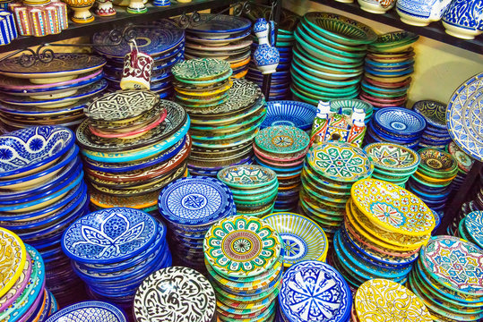 Traditional ceramic pottery on Morocco bazaar, Marakesh