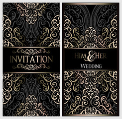 Wedding invitation card with black and gold shiny eastern and baroque rich foliage. Ornate islamic background for your design. Islam, Arabic, Indian, Dubai.