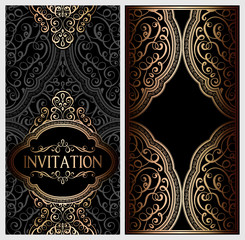 Wedding invitation card with black and gold shiny eastern and baroque rich foliage. Ornate islamic background for your design. Islam, Arabic, Indian, Dubai.