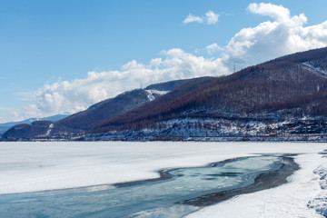 a thawed patch on the Baikal lake shore in springThe Baikal lake shore in spring