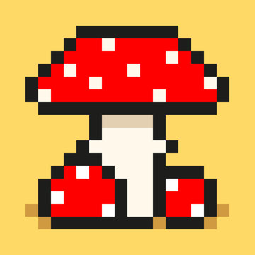 Pixel art, digital mushroom, big and small red amanita, flat web icon, vector design retro object