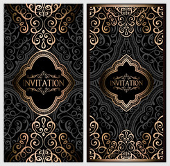 Wedding invitation card with black and gold shiny eastern and baroque rich foliage. Ornate islamic background for your design. Islam, Arabic, Indian, Dubai.