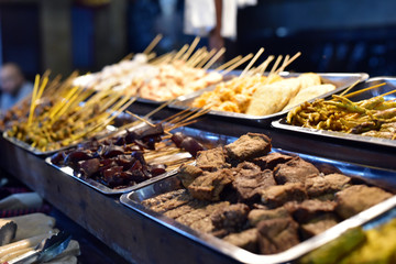 Various Indonesian foods at booth, Food Market in Belitung Island, Indonesia