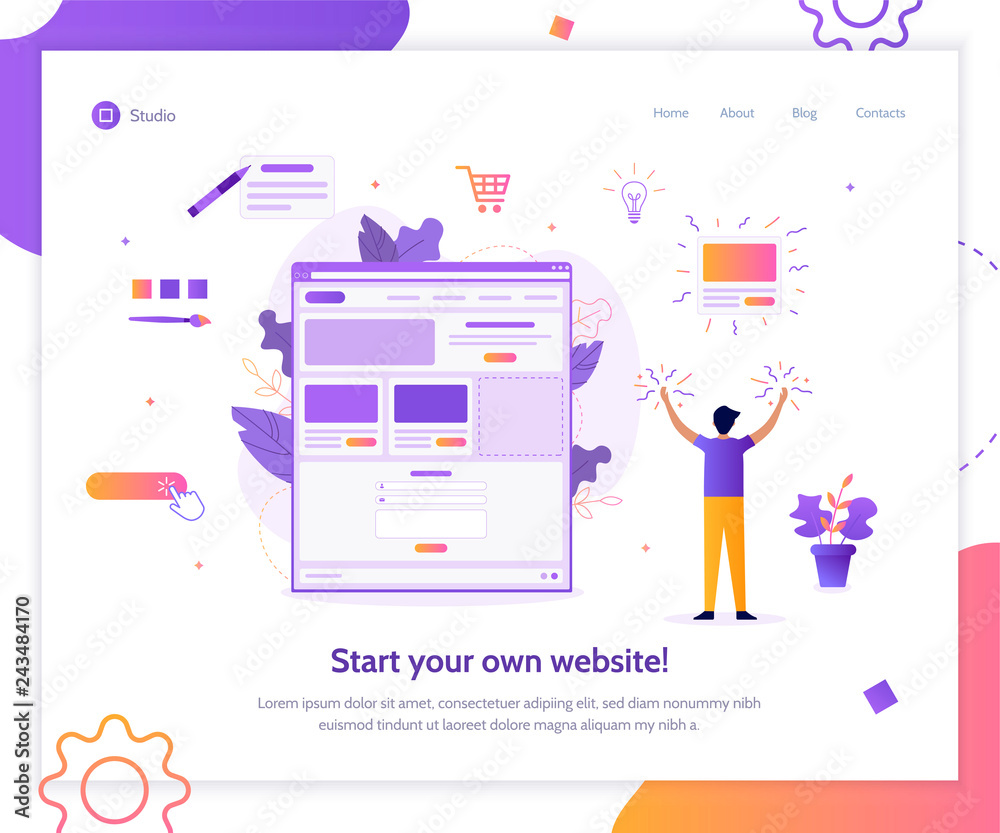 Sticker web banner design template for landing page. a man creates his own website. website builder concept.