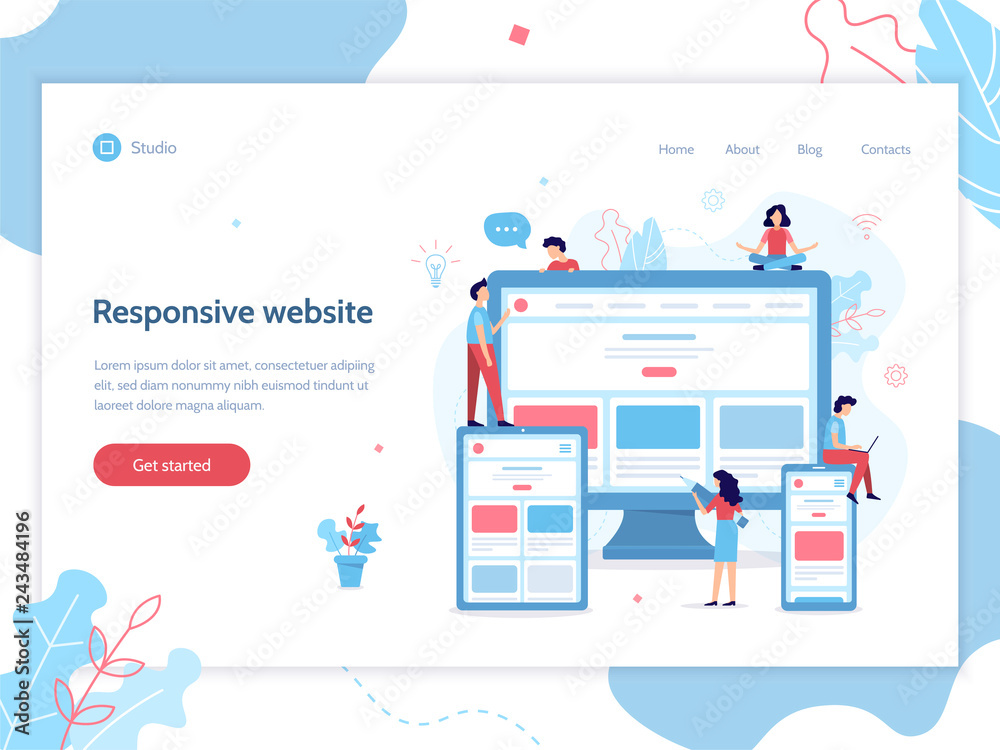 Poster Development team create responsive website for different devices: computer, tablet and smartphone. Web page design template. Flat vector illustration.