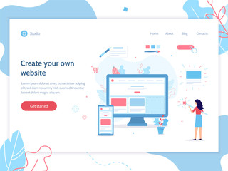 Web banner design template. The girl creates her own website. She's holding a magic wand. Website builder concept. Flat vector illustration.