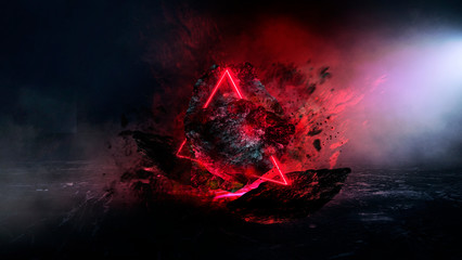 Abstract background with comet explosion. Dark room with smoke, burning stone, laser beam, red neon. Space explosion in the room. © MiaStendal