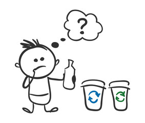 Recycling. Funny little man does not know which container to throw the bottle, vector illustration.