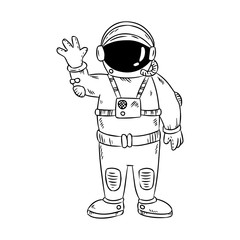 Cute little astronaut waving hand. Space vector illustration. Prints design