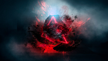 Abstract background with comet explosion. Dark room with smoke, burning stone, laser beam, red neon. Space explosion in the room. © MiaStendal