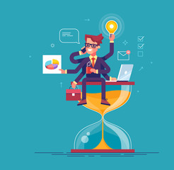 Happy handsome office worker with many hands sitting on an hourglass and doing several actions at the same time. Multitasking, productivity and time management concept. Flat vector illustration.