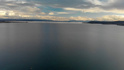 Beautiful lake at sunset, aerial view