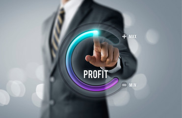 Profit growth, increase profit, raise profit or business growth concept. Businessman is pulling up circle progress bar with the word PROFIT on bright tone background.