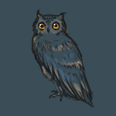 Sketch style illustration with owl. Cute little owl character. Bird creature.