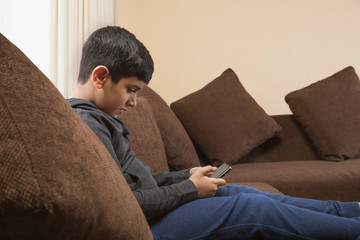 Boy sitting on sofa using smart phone in living room	