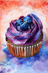 fruitcake with blueberries and cream. cake. watercolor. background