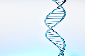 DNA double helix, blue glossy material, white gradient background